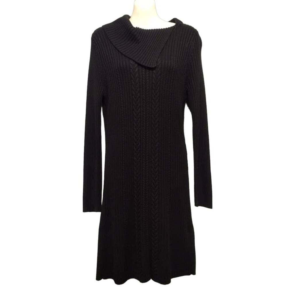 Calvin Klein Split‎ Collar Long Sleeve Ribbed Sweater Dress,Black, Size L